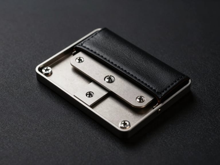 Technical exploded blueprint view of a minimalist metal wallet, showcasing the internal screws, steel plates, and leather wrapping, high-contrast dark background.