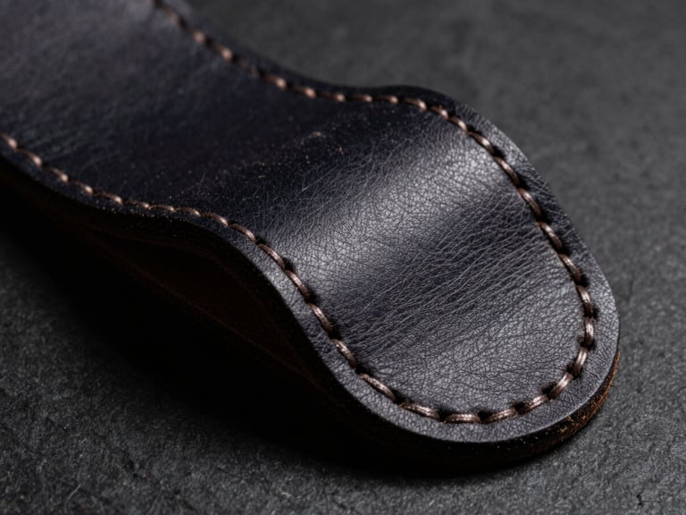 Macro low-key shot of thick full-grain harness leather with precise hand-stitched heavy-gauge waxed thread, dark slate background, dramatic side-lighting