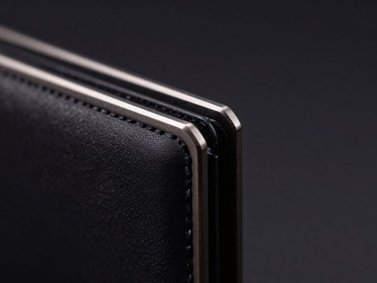 Extreme close-up of a CNC-milled black metal wallet edge, showing the precise metallic chamfers and matte anodized texture under low-key studio lighting.