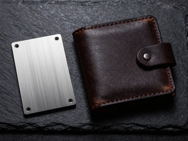 Macro overhead flat-lay of a disassembled wallet on a dark slate surface, displaying a CNC-milled aluminum plate next to a thick piece of hand-finished harness leather under moody side-lighting.