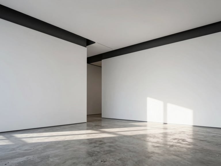 Wide-angle architectural shot of a modern gallery space with pristine white walls, sharp charcoal trim, and natural light streaming onto a polished concrete floor.
