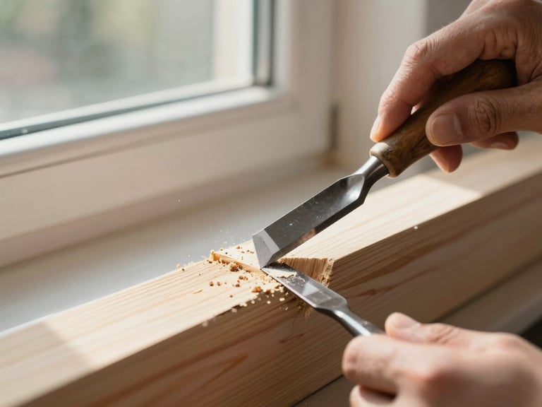 Extreme close-up of a craftsman using a chisel to precisely remove damaged wood from a window frame, bright natural morning light, clean work area.