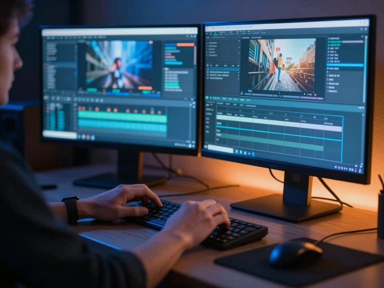 Moody studio photography of a creator's hands editing video on a dual-monitor setup, neon sapphire blue rim lighting, cinematic depth of field.