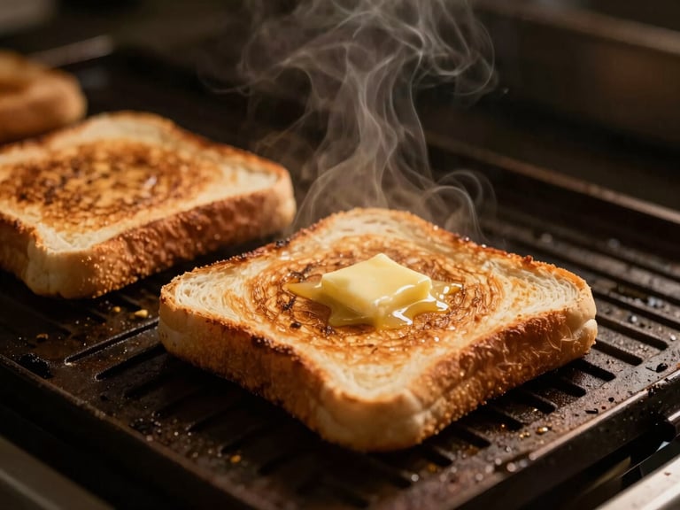 Close-up of a burger bun being toasted on a flat top grill with melting butter, golden brown crust, steam rising, warm dramatic lighting