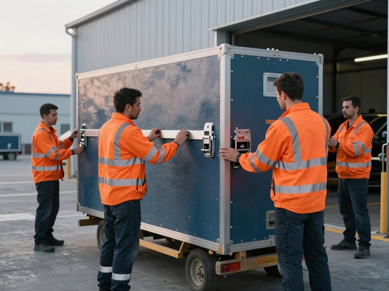 Medium shot of professional team members in high-visibility gear securing heavy equipment inside a warehouse for relocation, crisp early morning daylight, cool slate and safety orange tones, sharp depth of field