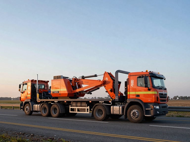 Wide shot of a branded heavy-duty flatbed truck transporting large construction machinery on a highway at dawn, crisp early morning daylight, cool slate and safety orange tones, sharp depth of field