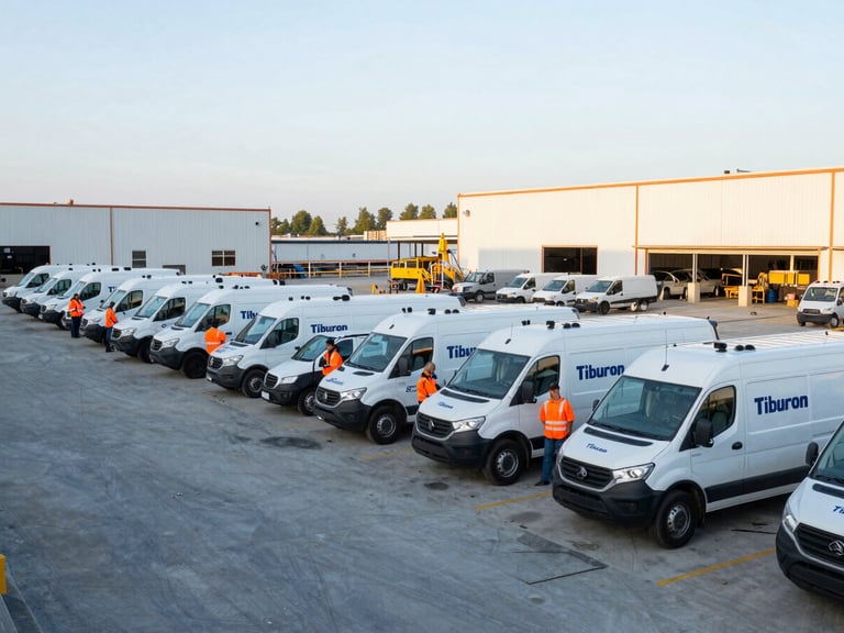 Branded Tiburon Enterprises fleet vehicles parked on a well-organized industrial construction site, with team members coordinating, crisp early morning daylight, cool slate and safety orange tones, sharp depth of field