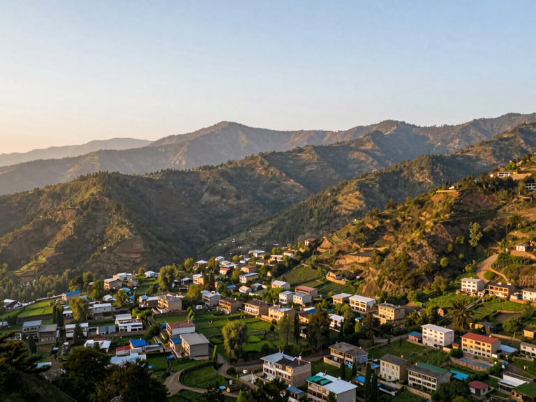 Wide-angle environmental landscape of green residential plots in Kashipur, golden hour light over Himalayan foothills, 35mm