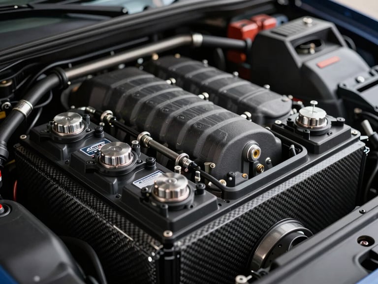 Macro close-up of a pristine Porsche engine bay with a newly installed clean AGM battery, sharp metallic terminals, carbon fiber weave, technical aesthetic, studio lighting.