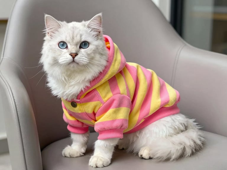 A fluffy white cat wearing a colorful pink and yellow striped hoodie sitting comfortably on a modern chair, bright daylight, detailed stitching visible