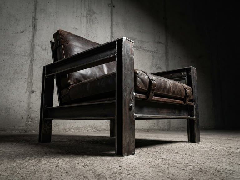 Low-angle heroic shot of a brutalist steel-framed lounge chair, hard directional studio lighting, stark minimalist concrete background, sharp focus, dramatic shadows, 50mm lens