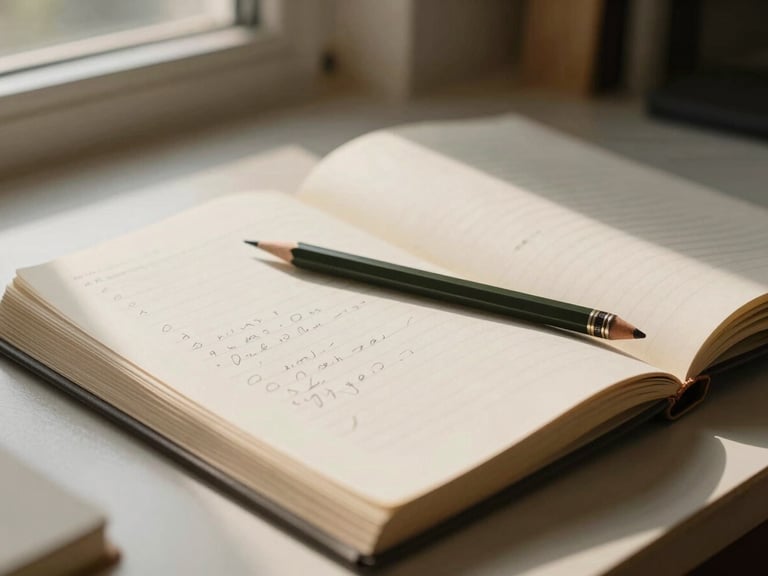 Wide editorial desk scene, manuscript pages spread open under warm natural window light, a pencil resting on handwritten margin notes, shallow depth of field, cream and olive tones, no people