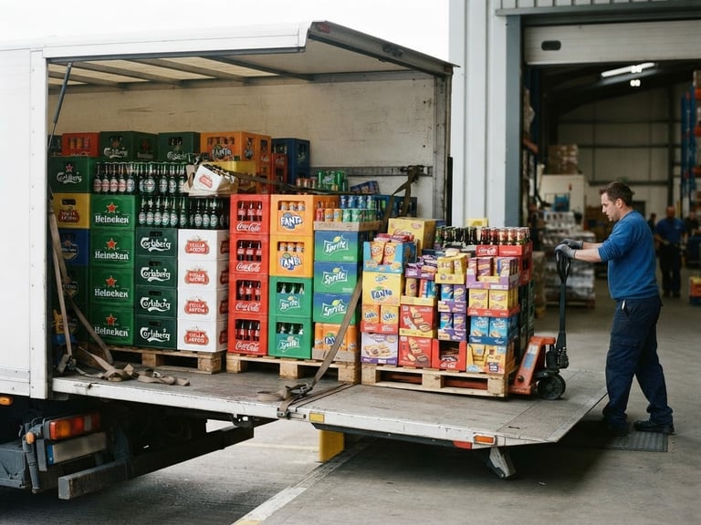 Bright commercial photography, clean daylight, neatly organized crates of beers, soft drinks, and snacks loaded onto a delivery truck, professional logistics, 35mm