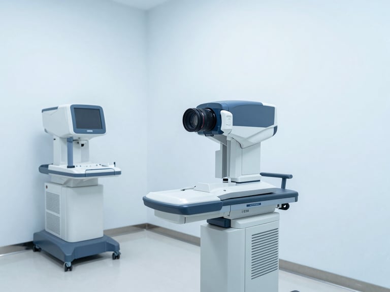 Wide environmental shot of a modern, clean medical office interior with soft natural daylight, focusing on a high-tech diagnostic machine, eye-level, cool blue and slate tones.