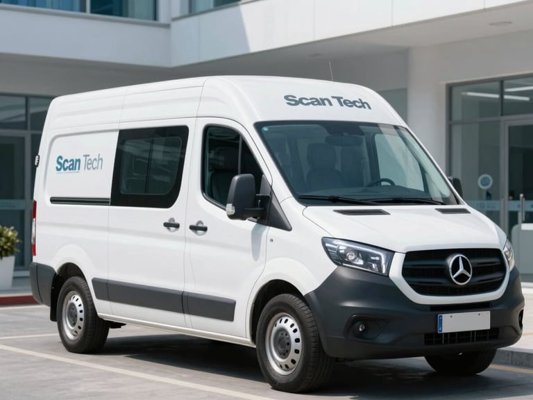 Clean white Scan Tech Medical service vehicle with subtle branding parked outside a modern healthcare clinic, natural daylight, eye-level, cool blue and slate tones.