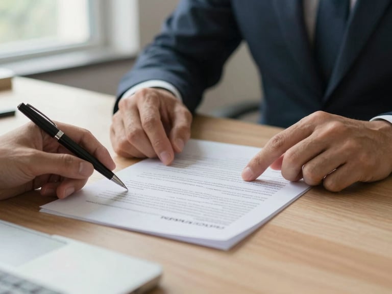 Close-up of two professionals' hands at a desk reviewing a printed insurance policy document, natural window light from the left, a pen resting on the paper, calm and focused atmosphere, shallow depth of field