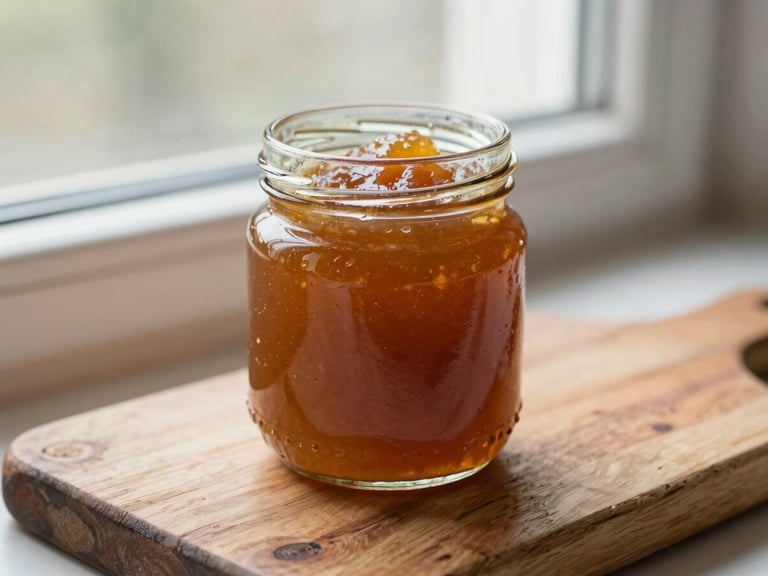 A close-up of a neatly labeled amber glass jar of marmalade sitting on a rustic wooden board under soft morning window light, shallow depth of field, 35mm