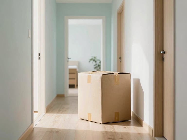 Stylized package delivery in a bright, clean residential hallway, natural daylight, soft shadows, 35mm lens.