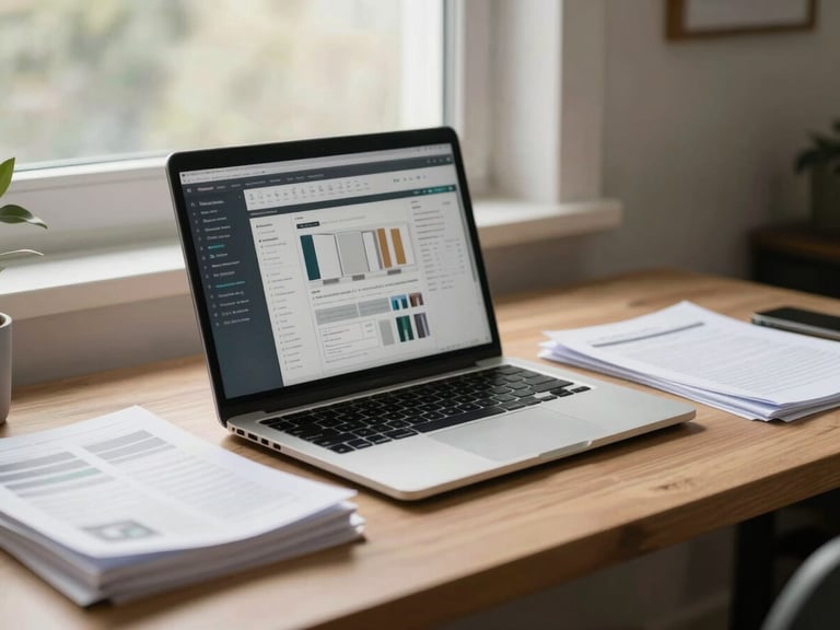 Wide environmental shot of a quiet home office workspace, laptop open showing a project management interface, stacked reference documents to the side, soft diffused natural light through a window, no person visible, calm and ordered desk surface