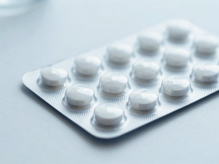 Close-up of a sterile blister pack of medication on a clean white surface, soft clinical lighting, no people