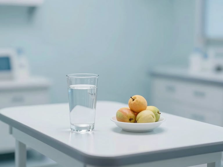 Clean clinical interior, a glass of water and a small bowl of fruit on a sterile table, soft diffused daylight, no people