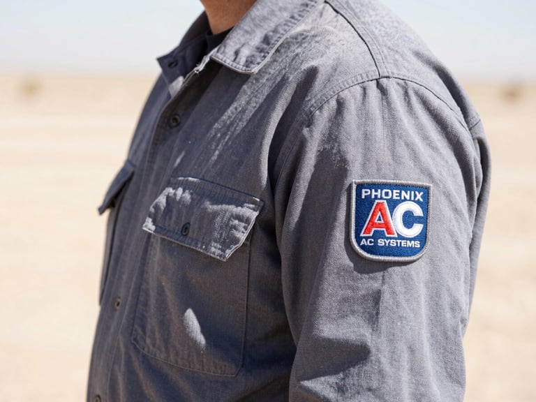 Close-up of a Phoenix AC Systems technician's professional uniform, clean, with a branded patch on the sleeve. Bright harsh desert daylight, sharp focus, 35mm.