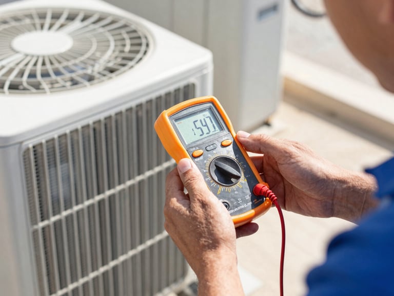 Technician's hands in a medium close-up, performing a diagnostic check on an AC unit condenser, digital multimeter displaying readings. Crisp editorial photography, cool shadowed interior, sharp focus.