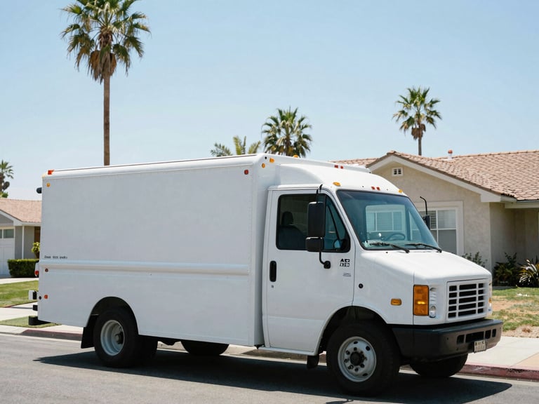 Phoenix AC Systems service truck parked on a residential street with palm trees and a house in the background. Bright harsh desert daylight, cool blue tones, crisp editorial photography.