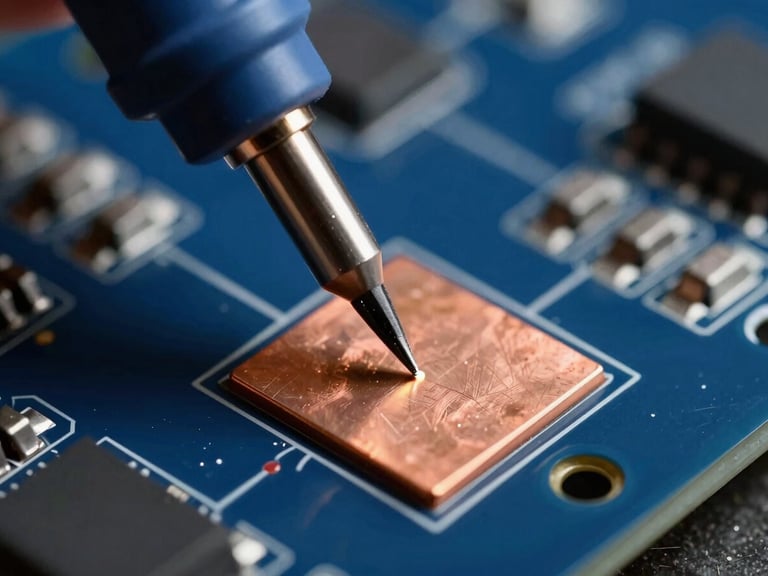 Extreme close-up macro photography of a soldering iron tip touching a copper pad on a dark blue PCB, soft amber glow, high-contrast bench lighting, shallow depth of field