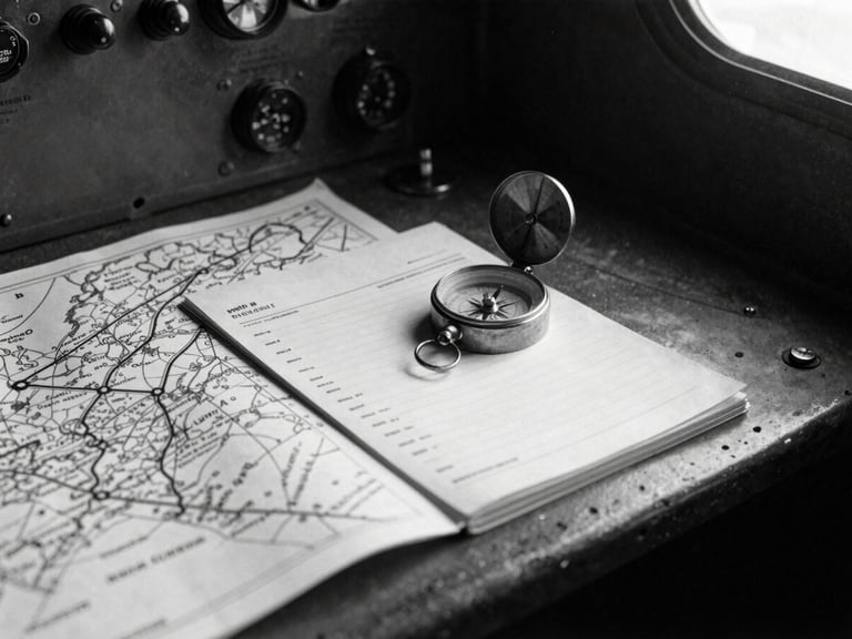 Archival monochrome close-up of a 1940s navigator desk inside a Lancaster bomber, featuring a hand-drawn map, a brass compass, and a logbook under soft dramatic light.