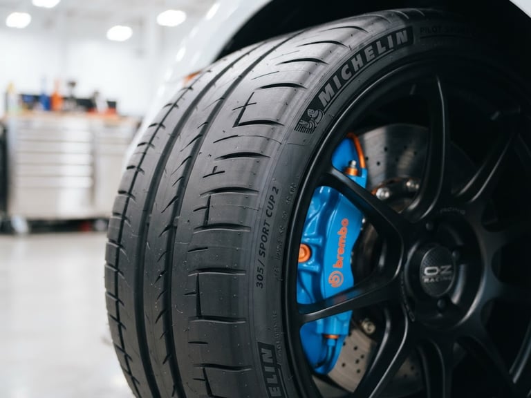 Sharp close-up of a pristine sports car tire tread pattern under bright high-key workshop lighting, vivid blue and orange accents on the brake caliper behind it, 35mm