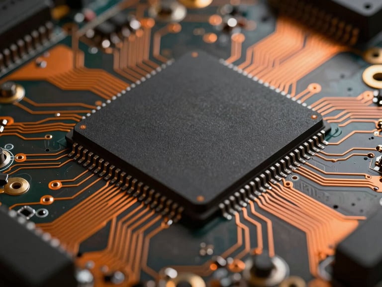Macro close-up of a raw printed circuit board with dense copper traces, a central processor chip highlighted by moody orange studio light, matte black solder mask