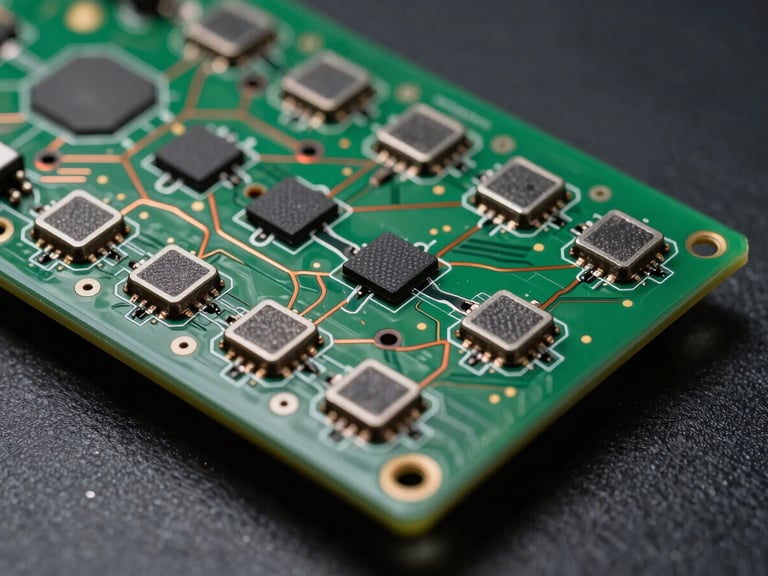Macro studio shot of a raw green PCB board with soldered copper traces, tactile metal switches, and an anodized aluminum casing under high-contrast moody lighting.
