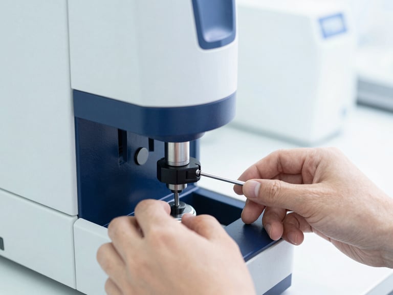 Close-up of technical hands calibrating high-precision laboratory analyzer, bright high-key studio lighting, sterile white and deep blue tones, sharp focus, 50mm