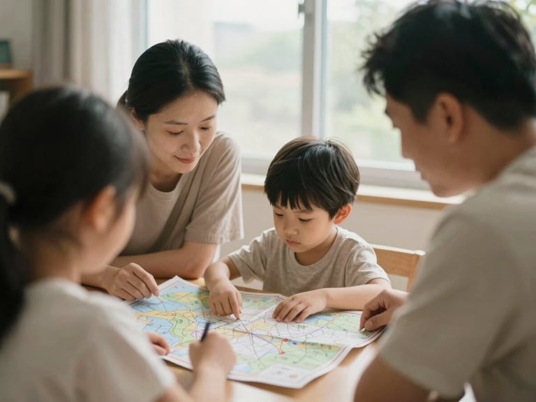 A family (parents and child, backs to camera) looking at a detailed map spread on a table, natural light streaming from a window, shallow depth of field, warm editorial photography, 35mm