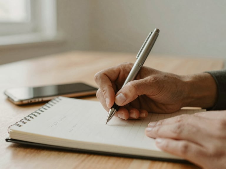 Close-up of hands writing notes on a notepad with a pen, next to a smartphone, soft-focus interior space with natural light, warm editorial photography, 35mm