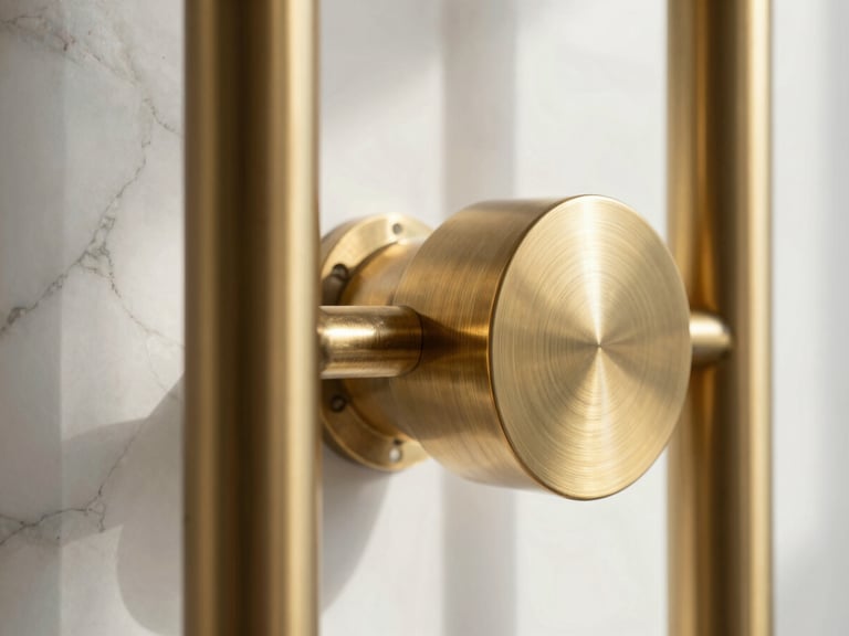 Tight abstract detail shot of premium brushed brass fixtures and white marble veins under indirect morning light, emphasizing texture and depth.