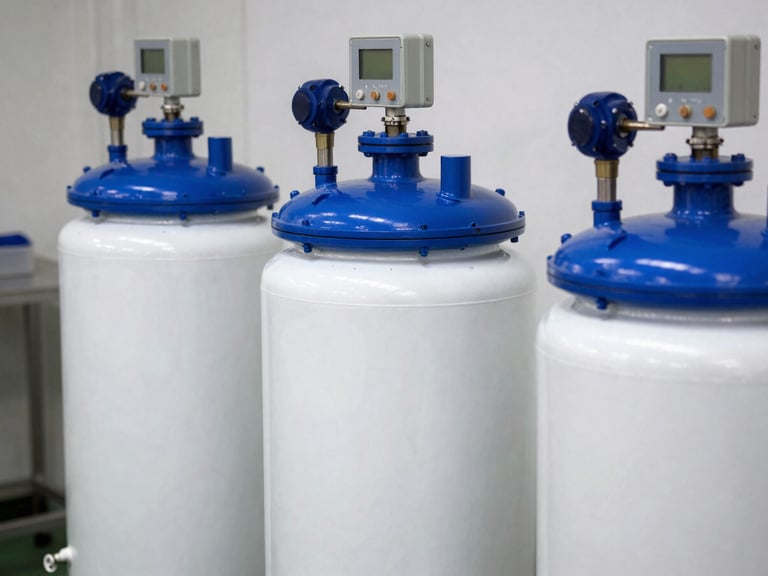 Detailed close-up of three-stage filtration tanks lined up in a clean utility room, blue pressure vessels with digital control heads, sharp focus.