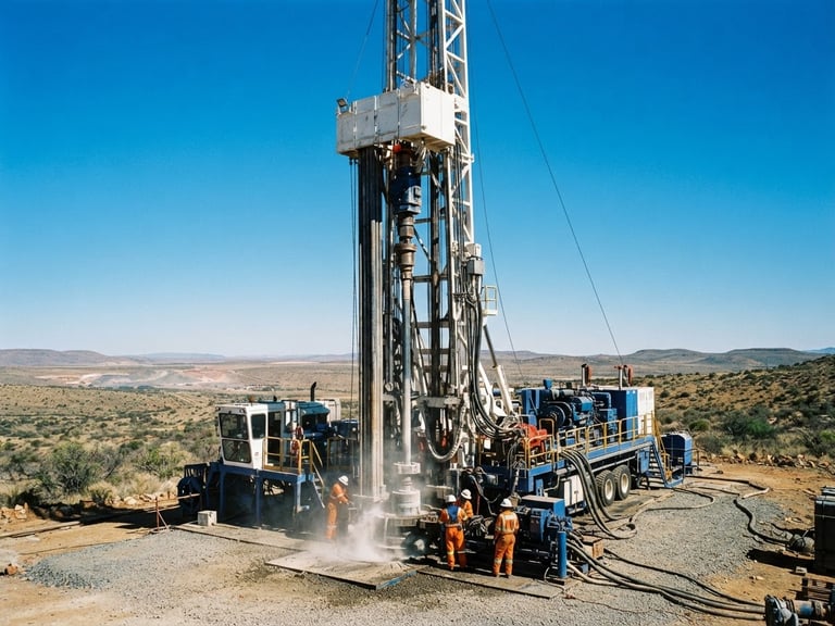 Wide environmental shot of a heavy industrial drilling rig operating under bright South African sunlight, blue sky background, high contrast, 35mm