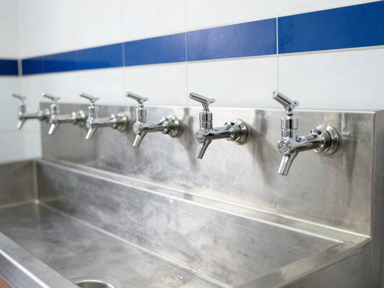 A commercial stainless steel water filling station with multiple taps in a clean modern water shop, sharp daylight, 35mm