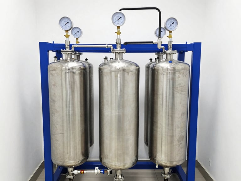 A high-efficiency industrial reverse osmosis unit with stainless steel pressure vessels and digital flow meters, bright utility room, 35mm