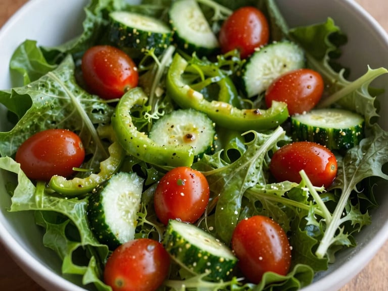Overhead shot of a large, vibrant salad bowl filled with mixed greens, cherry tomatoes, cucumbers, bell peppers, and a light vinaigrette dressing, natural daylight, rich organic green tones, shallow depth of field, 35mm.
