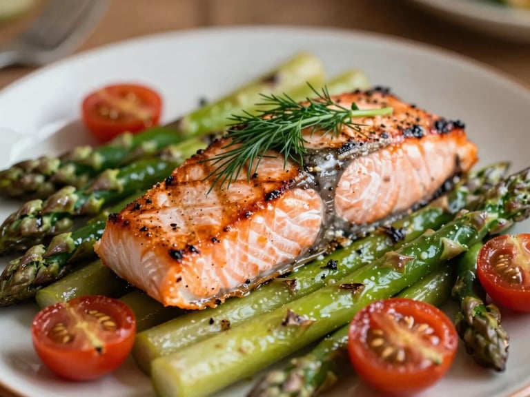 Close-up shot of a perfectly seared salmon fillet on a bed of roasted asparagus and cherry tomatoes, garnished with fresh dill, soft warm ambient indoor light, rich organic green tones, shallow depth of field, 35mm.