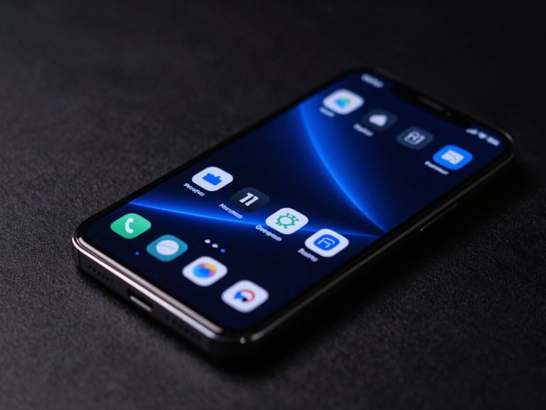 Angled perspective shot of a sleek Android phone displaying a dark-mode utility interface with glowing blue accents, resting on a dark textured surface