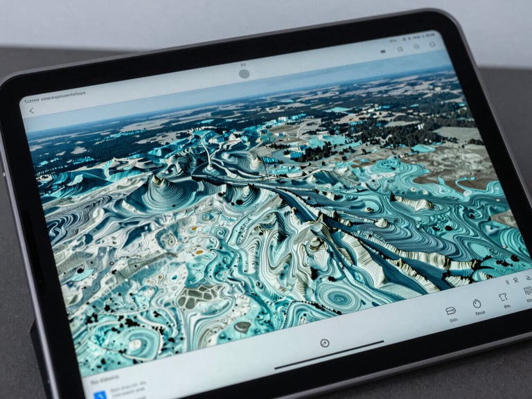 A close-up of a rugged tablet screen displaying 3D topographic contour lines and GIS shapefiles over a cool overcast landscape