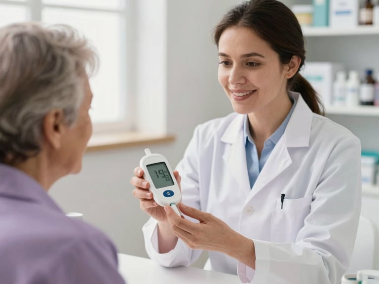Warm editorial healthcare photography, a local pharmacist in Cuenca showing a glucose monitor to an elderly patient under soft natural daylight