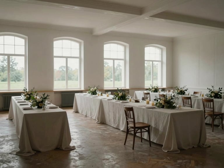 Wide environmental photograph of a finished empty wedding hall in Koszalin — long tables dressed with linen and botanical centrepieces, soft overcast daylight through tall windows, no guests, the room mid-setup with one chair still askew