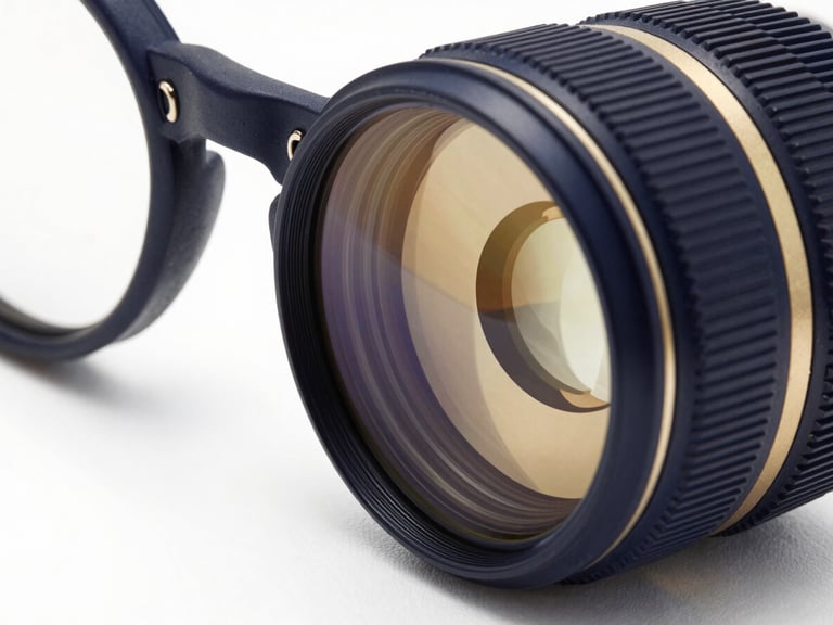 Macro shot of a lens being precisely inserted into an eyewear frame, reflecting subtle golden light, high-contrast studio lighting, clean background, premium editorial eyewear photography.