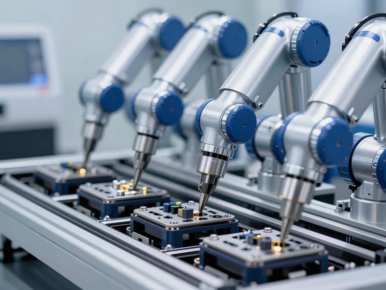 Detailed close-up of multiple robotic heads on a pick and place machine, each with a different nozzle, ready to pick various components from feeders. Cool, bright industrial lighting, high-contrast.