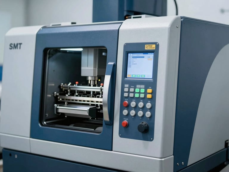 Pristine refurbished SMT machine with a 'Certified Pre-Owned' tag, cool studio lighting, metallic sheen, focused on the machine's control panel.